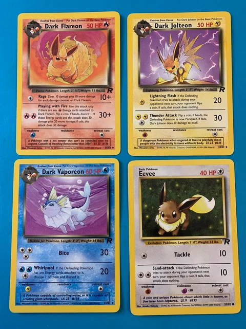 Dark Jolteon 38 Vaporeon 45 Flareon 35 & Eevee 55/82 Team Rocket Pokemon Cards