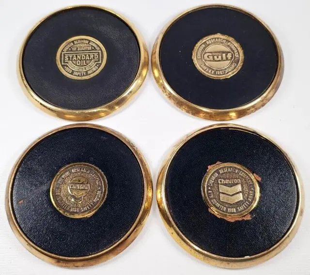 Lot Set of 4 Solid Brass Leather Coasters Chevron Research Oil Gas Gulf