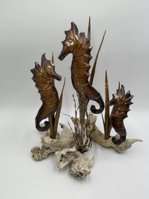 Vtg Seahorses Copper Brass Art on Driftwood MCM Retro Table Decor Nautical *Read