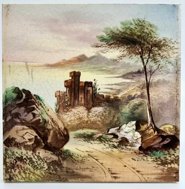 Antique Fireplace Tile Hand-Painted Landscape Design C1900