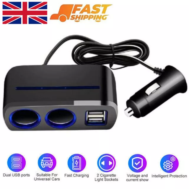 2 Way 12V Car Cigarette Lighter Socket Dual USB Charger Splitter Power Adapter