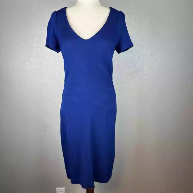 St John Collection V-Neck Knit Dress Size 6 Cobalt Blue Short Sleeve Knee Length