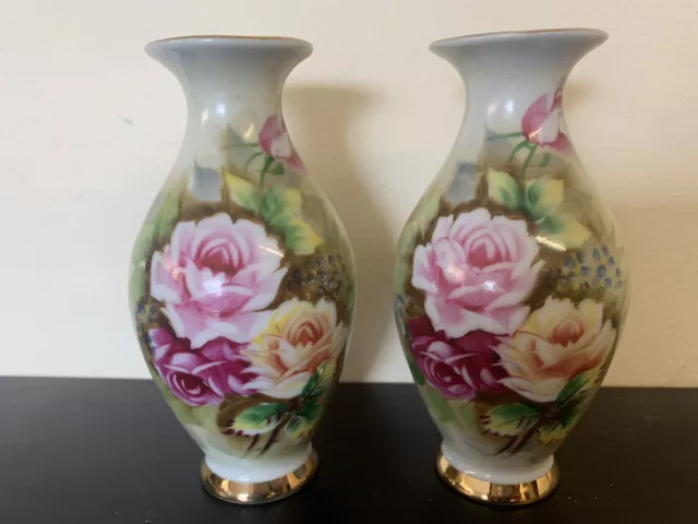 Antique Victorian Hand Painted Twin Mantle Vases Floral Rose