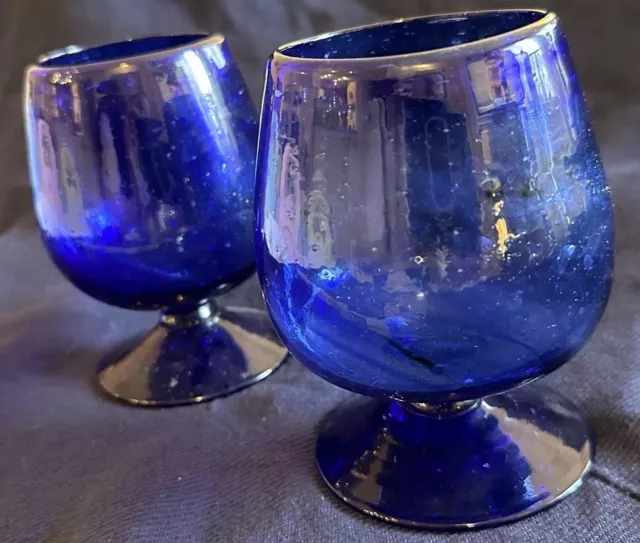 2 Vintage Hand Blown Glass Wine Goblets Stemware Cobalt Blue Cup Footed Base