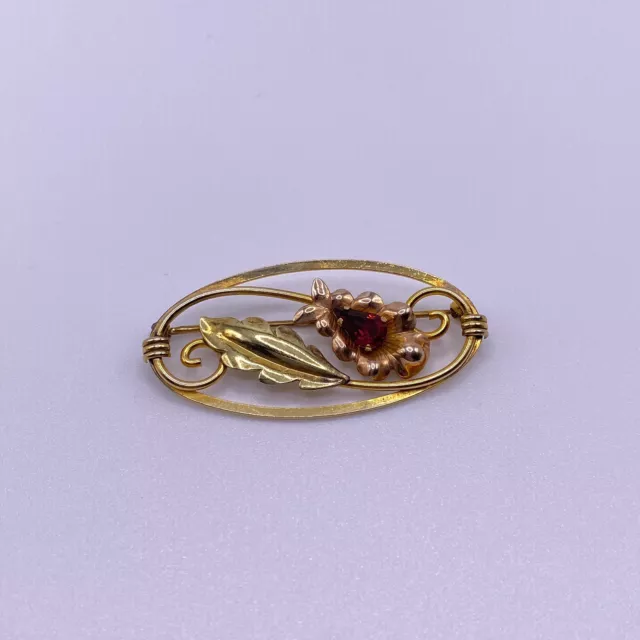 VINTAGE VAN DELL Textured Leaf 12K Gold Filled Red Stone Brooch