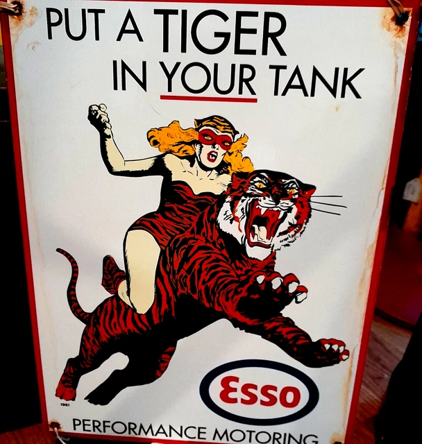 sign porcelain TIGER GIRL & Kitten "Put a Tiger In YOUR Tank" ESSO 12x16
