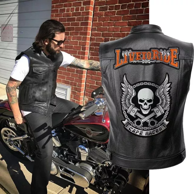 Gilet biker Cafe Racer ricamato LIVE TO RIDE da uomo casual vera pelle d'agnello