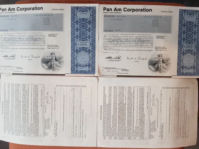4 Aktien der legendären Pan Am Corporation, Common Stock , Namensaktie