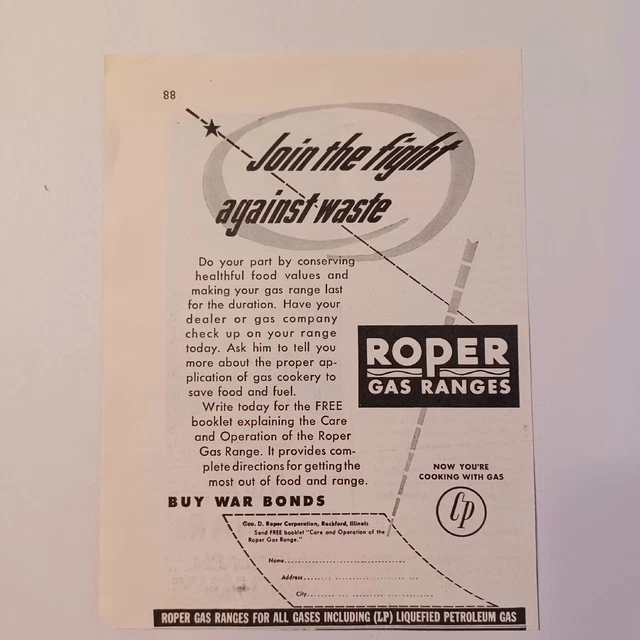 1942 Print Ad: Roper Gas Ranges-Buy War Bonds-Join The Fight Against Waste