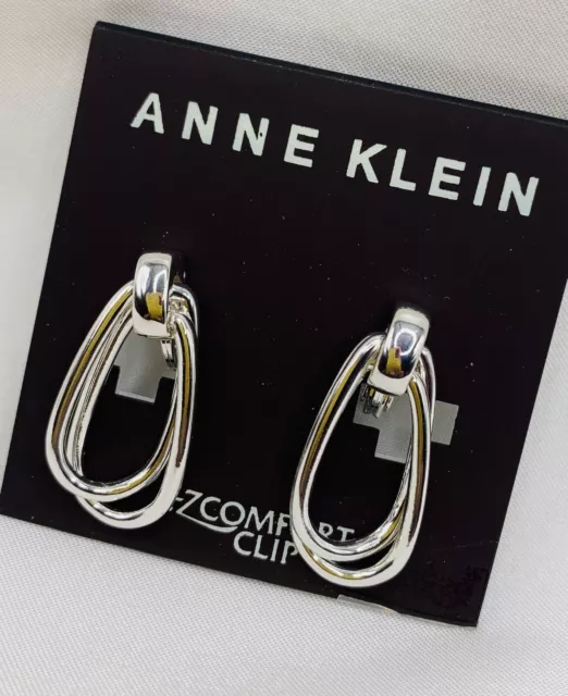 Designer Anne Klein Silver Plated Dangle Drop Double Link Earrings EZ Clip On