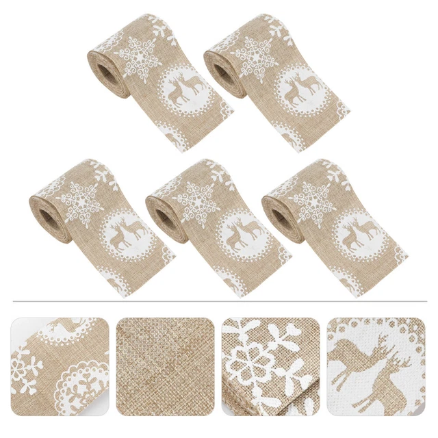 5 Pcs Linen Printed Ribbon Fine Snowflake Wired Jute Crafts Christmas Burlap