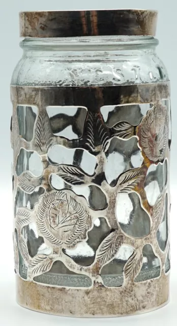 Sterling Silver Holder& Lid with Nestle Glass Jar. Floral Design Made in Mexico