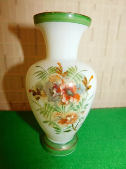 Green Rim Opaline Milk Glass Floral Hand Painted Vase-Very Good Condition