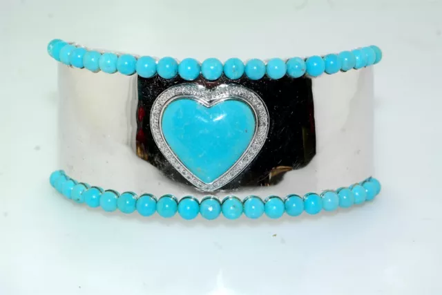Vtg EA 925 Sterling Silver Turquoise Diamond Heart Cuff Bangle Bracelet