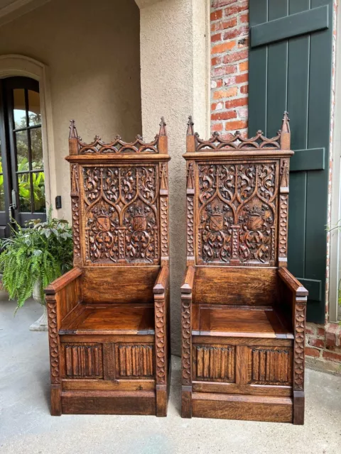 PAIR SET Antique French Hall Bench Gothic Revival Throne Altar Chairs Carved Oak