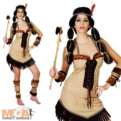 Womens Indian Squaw Girl Costume Ladies Native American Fancy Dress S - XXL