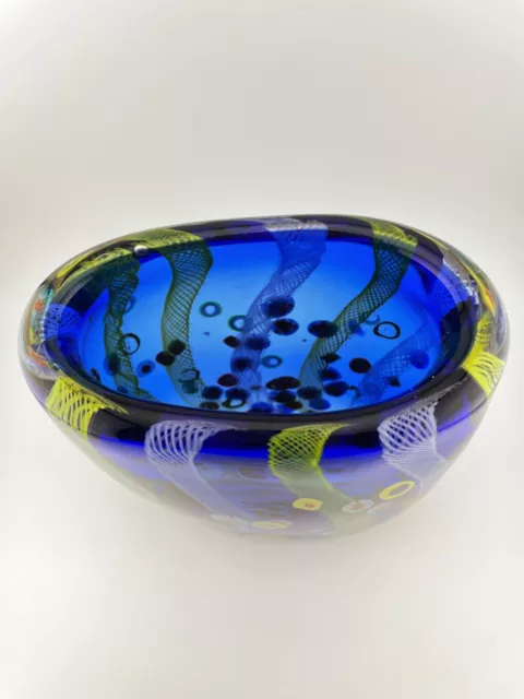 New In Box Millefiori Cobalt Blue Pulled Feather Sea Heavy Art Glass Vase 7” 3