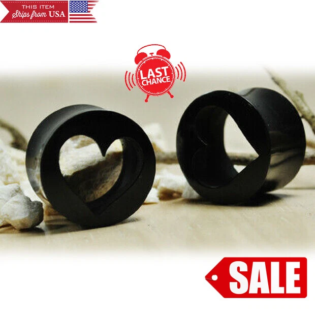 PAIR Hearts Horn Organic Handcarved Flesh Tunnel Double Flared Ear Plugs 1/2"-1"