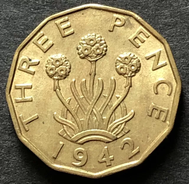 1942 THREEPENCE - BRASS THREE PENCE  COIN - 3d - KING GEORGE VI