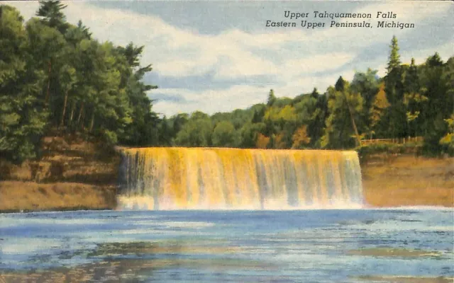 Upper Tahquamenon Falls Eastern Upper Peninsula Michigan Linen Postcard 1952