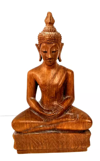 Vintage Buddha Meditating Statue Hand Carved Teak Wood Sculpture Balinese 8.75"