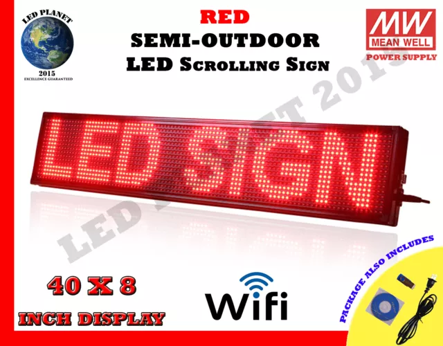 Red - 40X8 Inch Semi Outdoor LED Scrolling Programmable Sign USB Wifi Mobile App