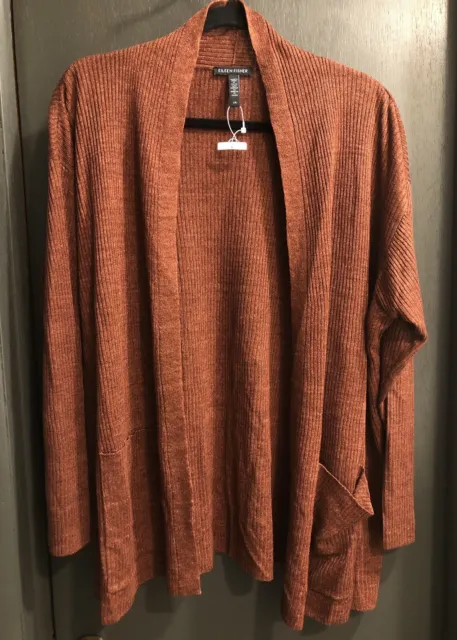 NWOT Eileen Fisher Organic Linen Italian Yarn Cardigan Sweater Rust Orange LARGE