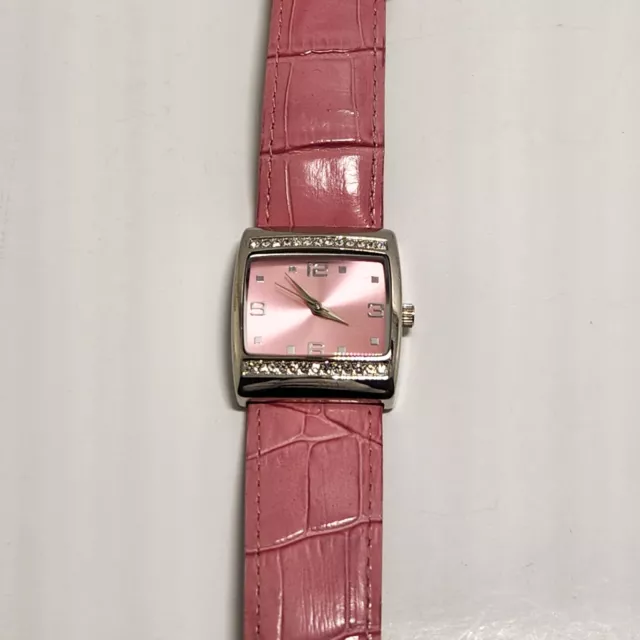 Womens Watch Silver Tone 28 mm Wide Case Leather Band Pink Analog Dial Quartz