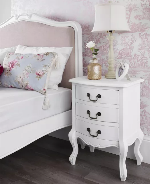Juliette White Bedside Table. 3 drawer. French bedside cabinet with carving.