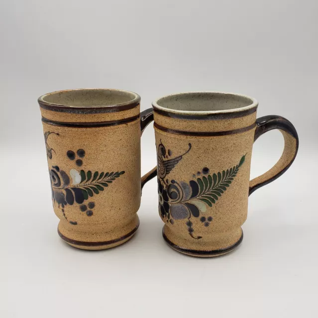 Mexican Tonala Signed Art Pottery Stoneware Coffee Mugs Floral Bird Set of 2