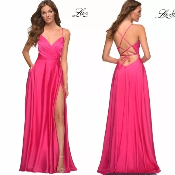 NEW La Femme | Hot Pink Strappy Back Satin Gown