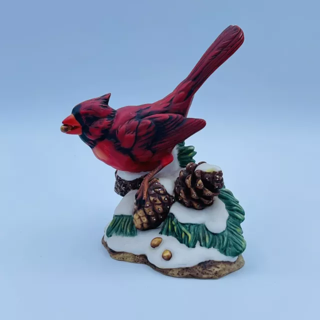 Red Cardinal Bird Winter Pinecones Figurine Japan 5.5"