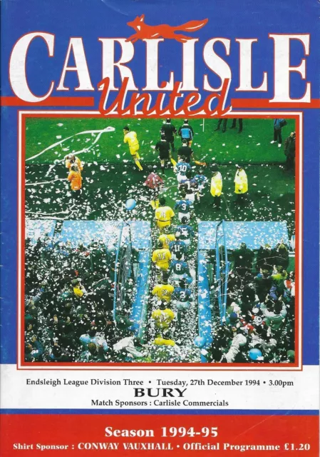 Carlisle United V Bury 27-12-1994 Match Programme 1994-95 Division 3