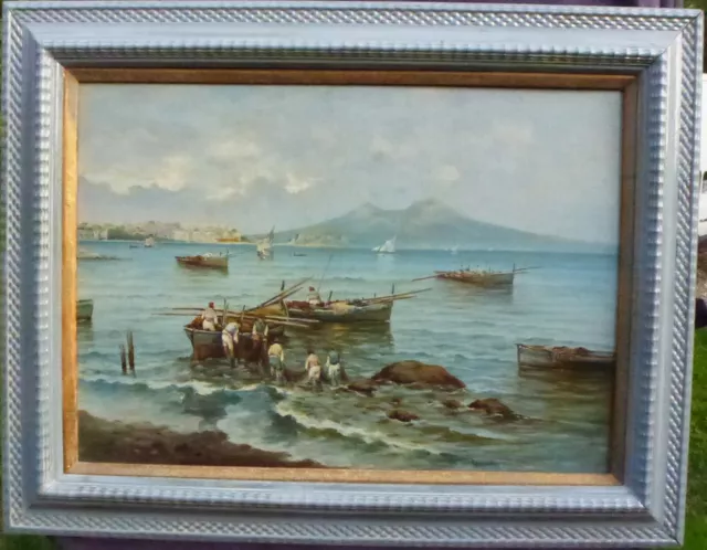 Tableau Paysage Vue de Naples Vésuve Huile/Toile du début XXème siècle Signé