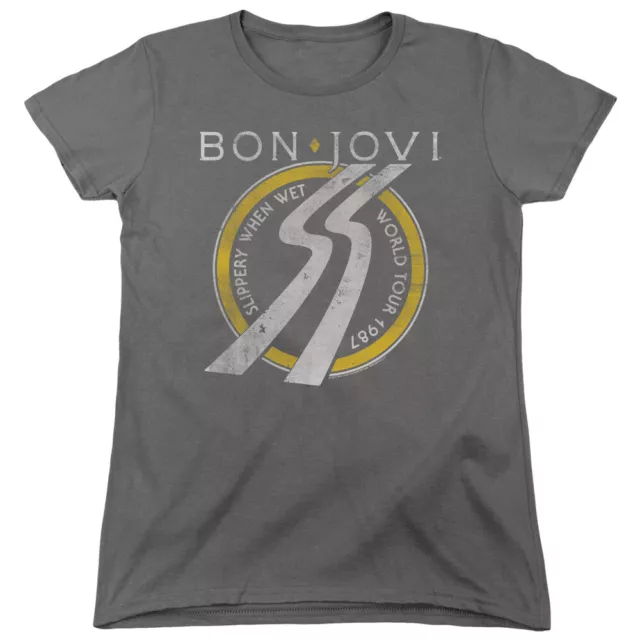 Bon Jovi Slippery When Wet World Tour Womens T Shirt Licensed Rock Charcoal