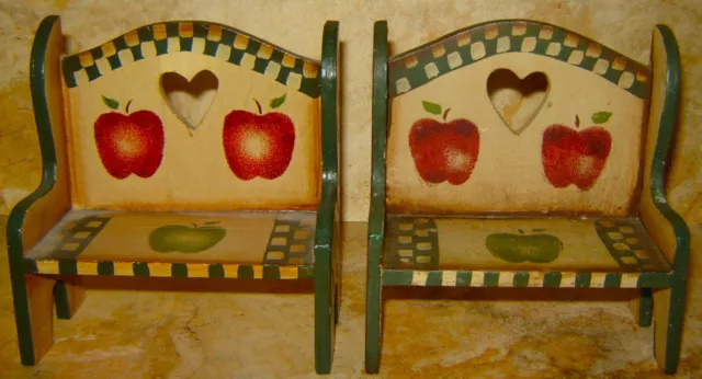 Wood Doll Furniture 2 Folk Art Hand-Painted Apples Benches For 8 Inch Dolls