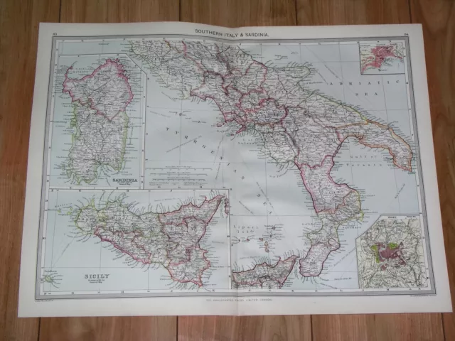 1908 Antique Map Of Southern Italy / Sicily Sardinia Calabria / Rome Inset Map