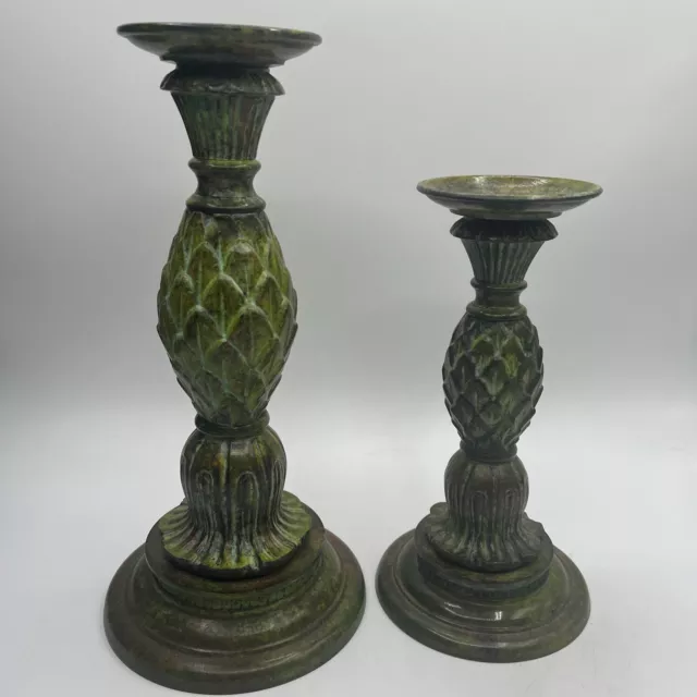 Pair Of 2 Solid Brass Candleholders With Green Finish Patina Gatco Pineapple