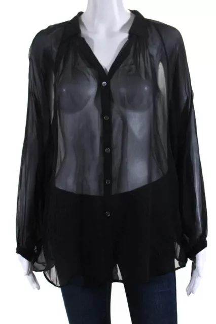 Elizabeth and James Womens Sheer Dolman Sleeve Button Up Top Blouse Black Size 4