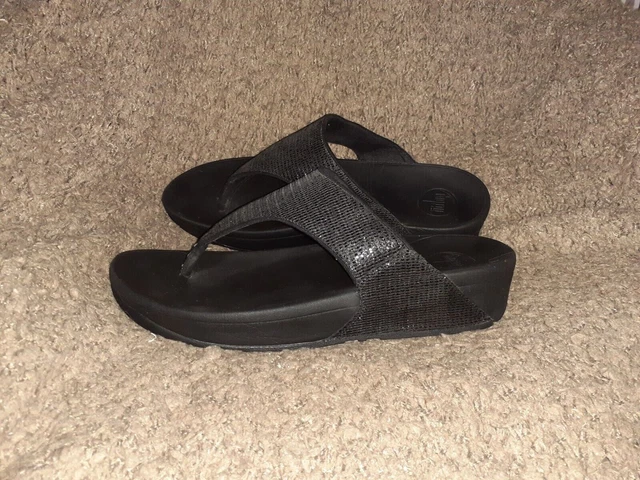 FITFLOP-LULU Superglitz Black Shiny Thong Wedge Sandals-Sz 10-Excellent 2