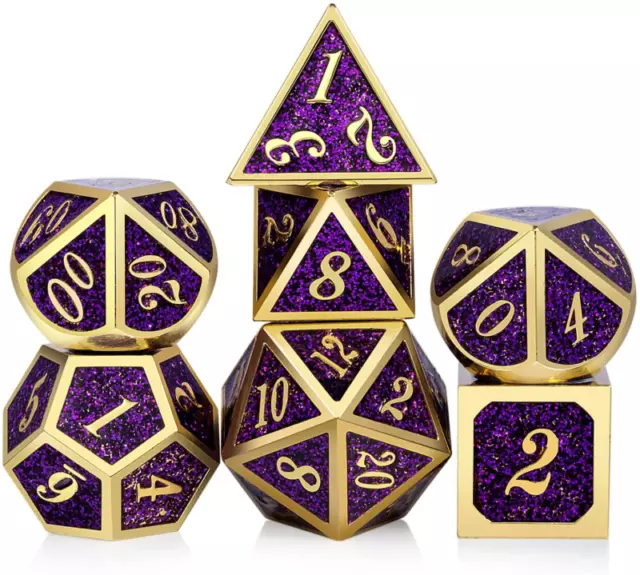 DNDND Glitter Purple Metal Dice Set, Solid Polyhedral DND Metallic Dice with Fre