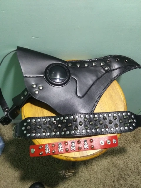 plague doctor face mask, neck collar and risk band, leather fetish