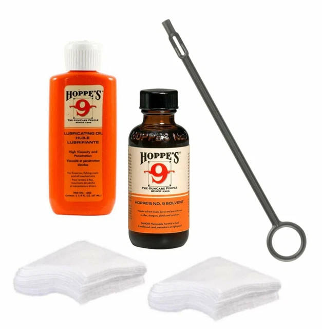 HOPPES GUN CLEANER with Oil and Rod and Patches for 9mm 45 Caliber