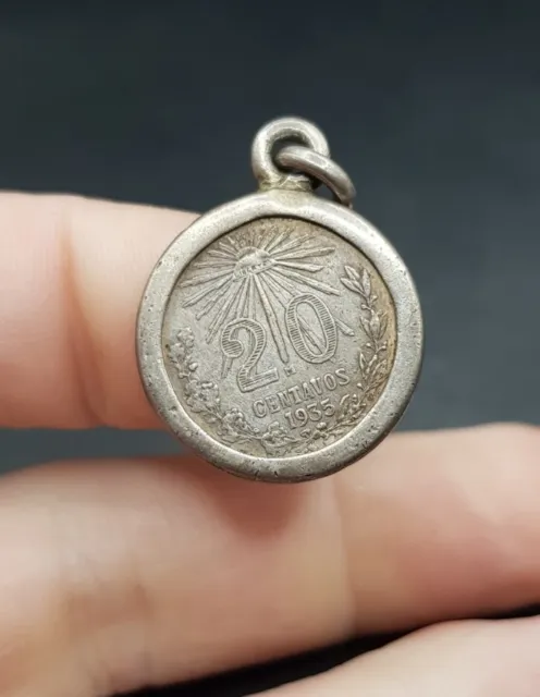 Vintage Mexican Silver Pendant w/ 1935 20 Centavos Coin. Unusual Piece