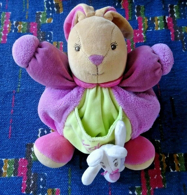 Jb2/ Doudou  Boule Grelot Kaloo Lapin Vert Rose Violet Poche Souris 22 Cm Tbe
