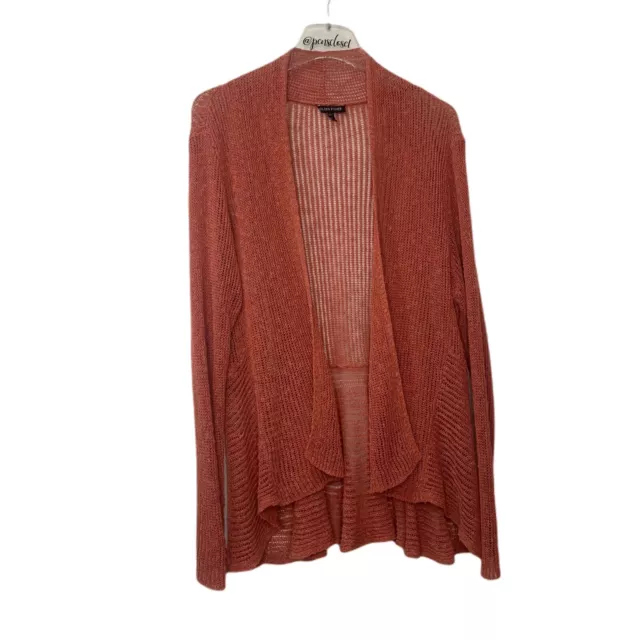Eileen Fisher Coral Open Waterfall Front Crocheted Long Sleeve Cardigan Sweater