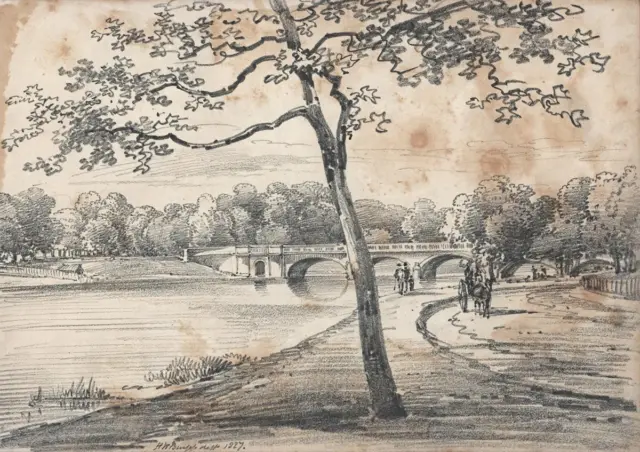 HENRY WILLIAM BURGESS Pencil Drawing THE SERPENTINE BRIDGE HYDE PARK LONDON 1827