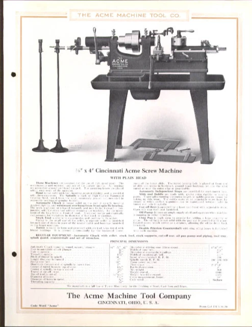 Cincinnati Acme 5/8 x 4" Screw Machine sell sheet 1920