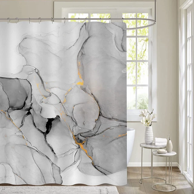 Grey Marble Shower Curtain Set, Abstract Silver Marble Gold Stripes Fabric Showe