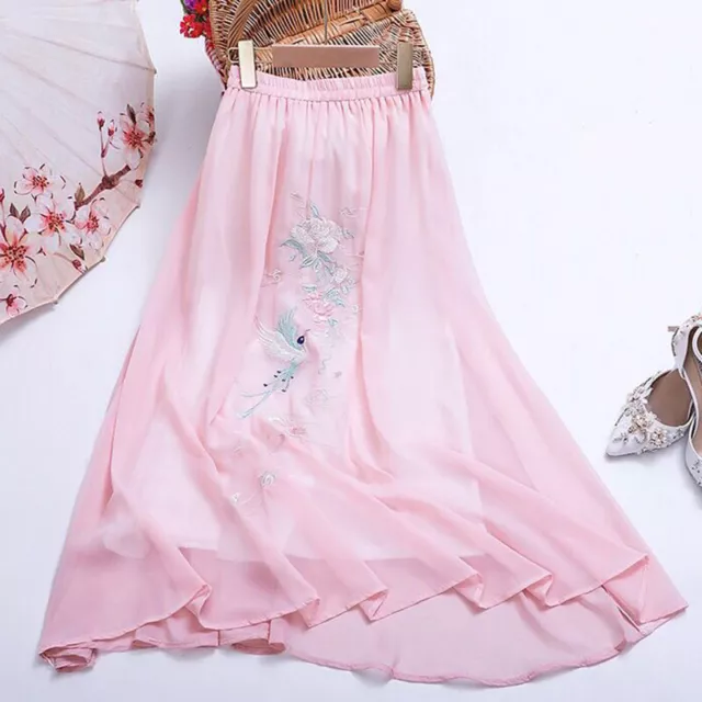 Donna Rétro Chiffon Midi Gonne Elastico Vita Floreale Ricamo Ttang Abito Gonna